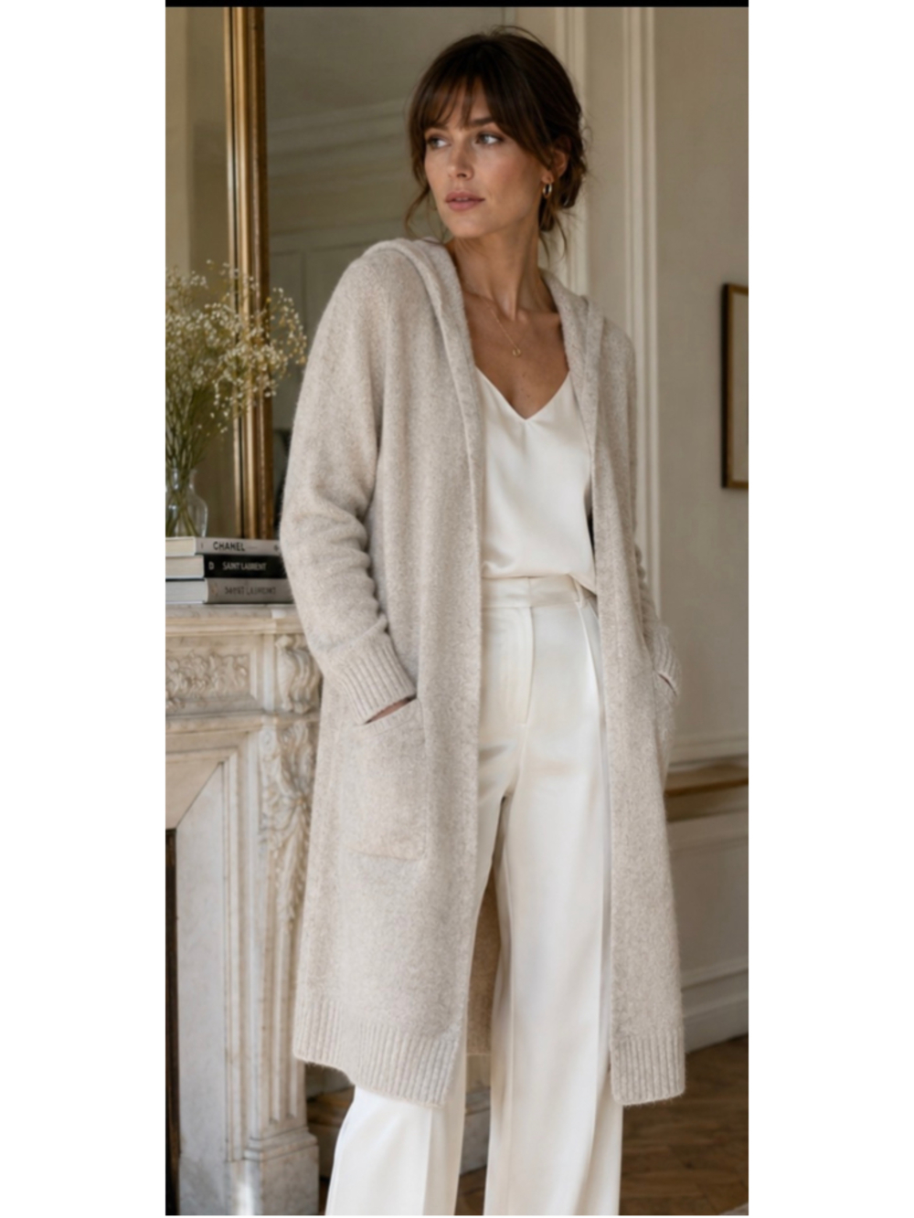 Women's White + Warren Cashmere Hooded Cardigan Sweater Beige Size XS